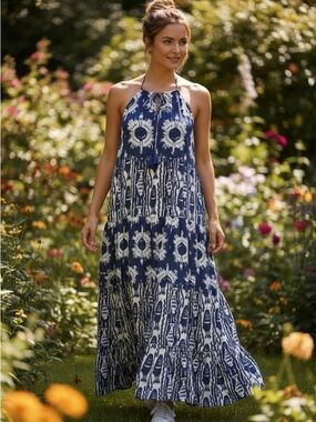 Dolma Blue White Sleeveless Maxi Dress Medium
